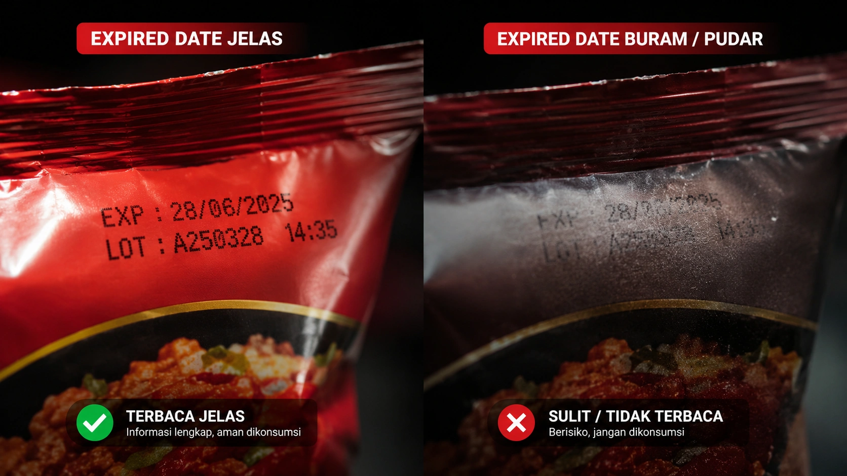 Perbandingan expired date terbaca vs buram di kemasan
